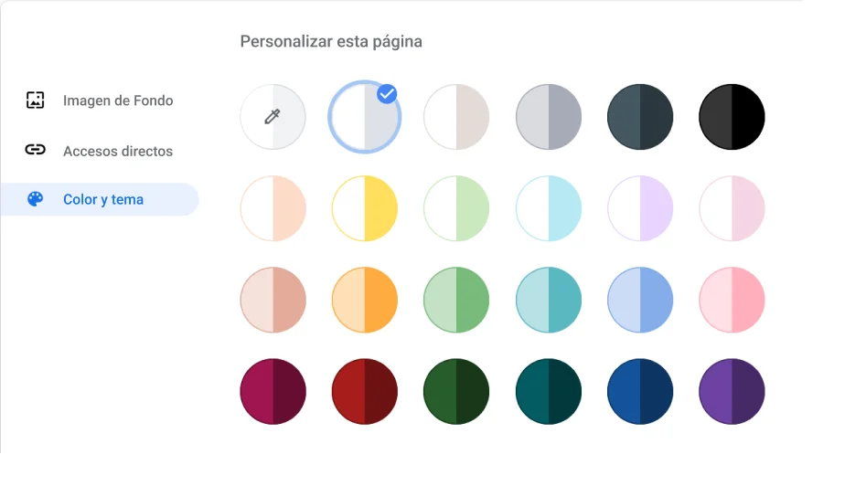 Ventana de configuración del navegador Chrome que muestra el diálogo Color y tema.