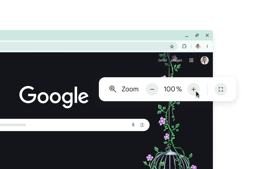 La page d'accueil de Google et une fenêtre contextuelle avec un zoom de 100 %