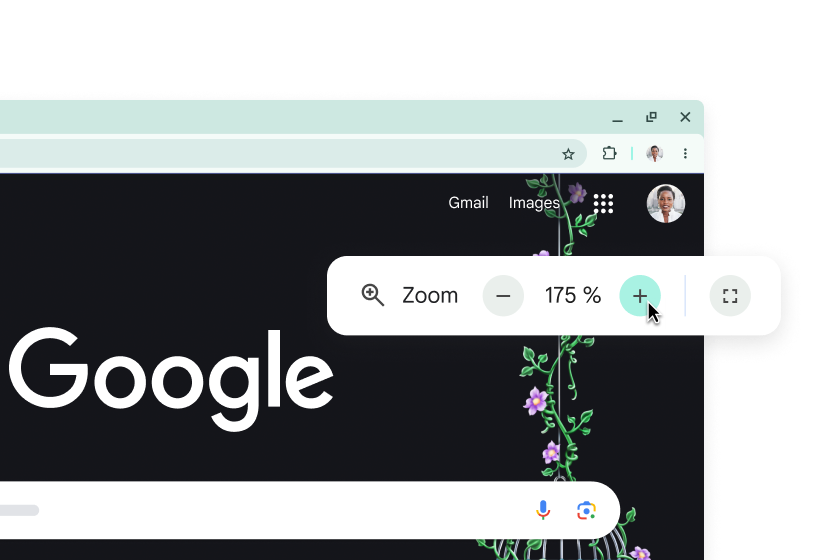 La page d'accueil de Google avec des éléments agrandis et une fenêtre contextuelle avec un zoom de 175 %