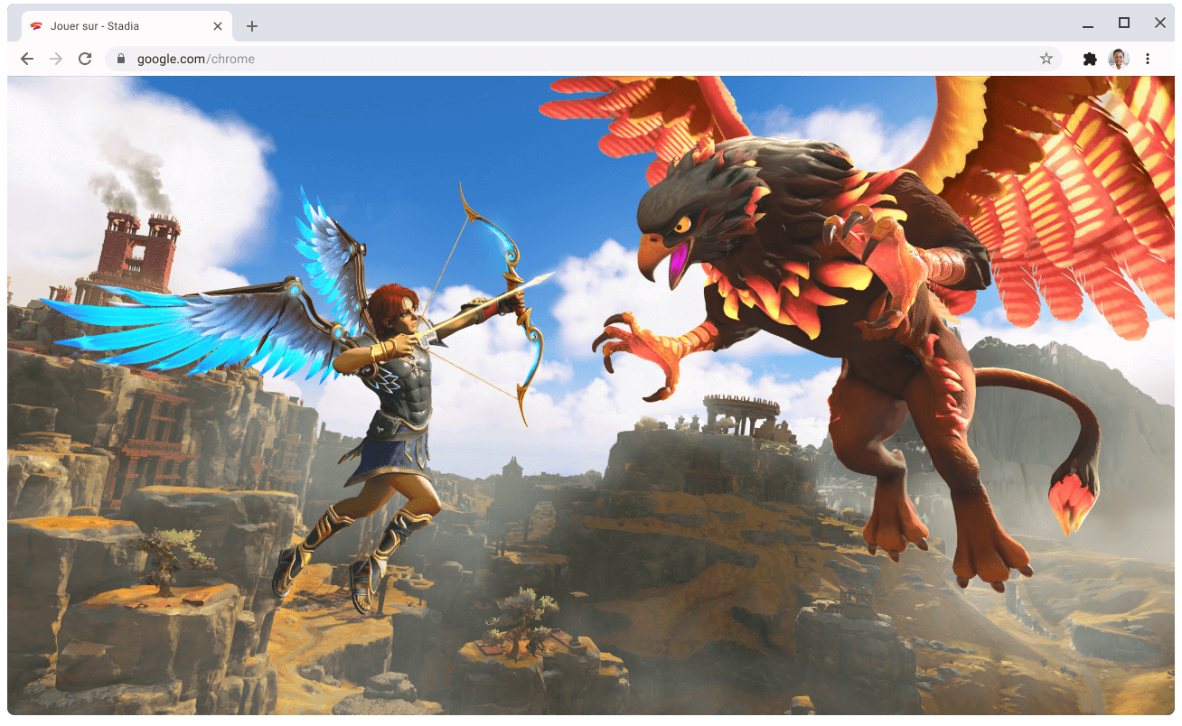 Page Web stadia.google.com avec un jeu en cours.