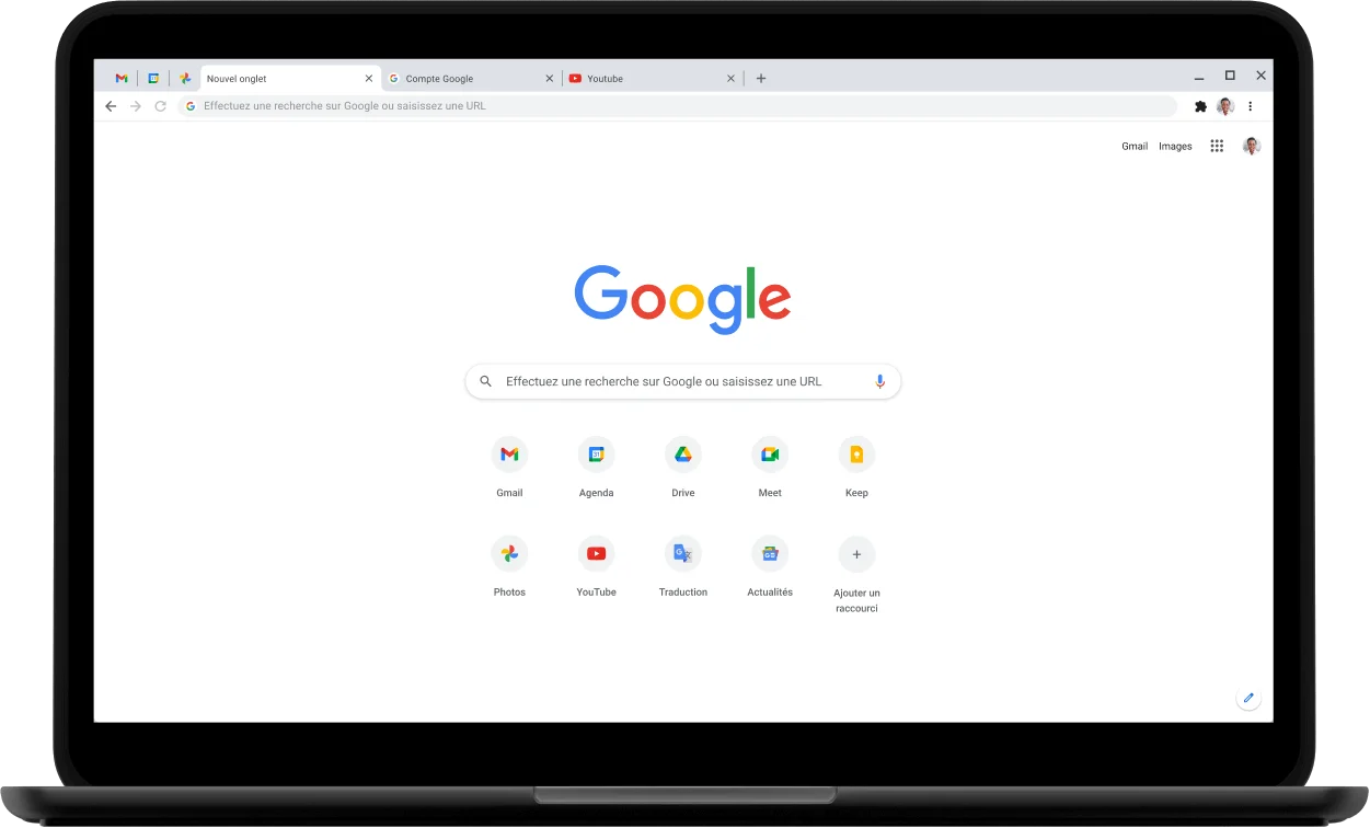 Ordinateur portable Pixelbook Go dont l'écran affiche la page google.com.