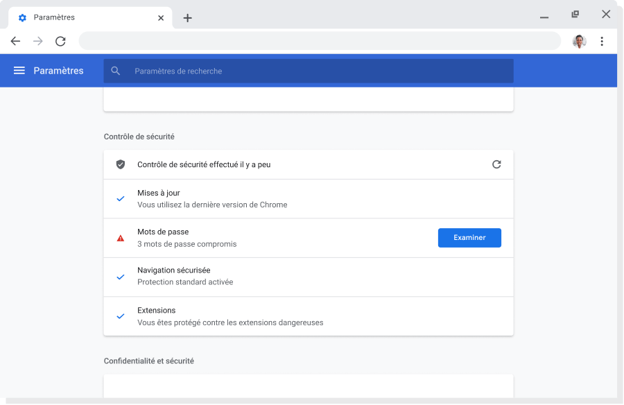 Fenêtre du navigateur Chrome montrant un compte Google dont la synchronisation est activée.