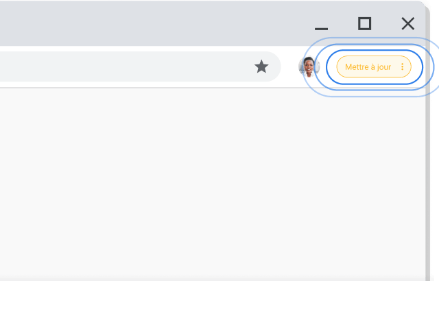 Invitation à mettre à jour mise en avant dans l'angle supérieur droit d'une fenêtre de navigation dans Chrome.