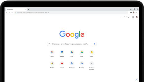 Coin supérieur gauche d'un ordinateur Pixelbook Go dont l'écran affiche la barre de recherche google.com et les applications favorites.