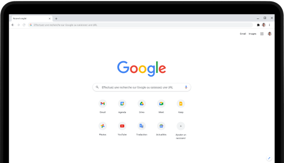 Coin supérieur gauche d'un ordinateur Pixelbook Go dont l'écran affiche la barre de recherche google.com et les applications favorites.