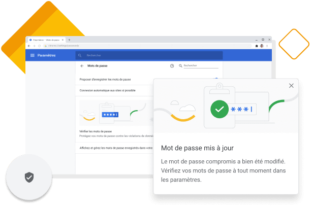 Fenêtre de Chrome affichant le Gestionnaire de mots de passe confirmant la modification d'un mot de passe compromis.