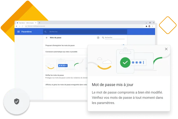 Fenêtre de Chrome affichant le Gestionnaire de mots de passe confirmant la modification d'un mot de passe compromis.