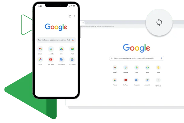 Fenêtre de Chrome affichant la navigation synchronisée sur appareil mobile et ordinateur.