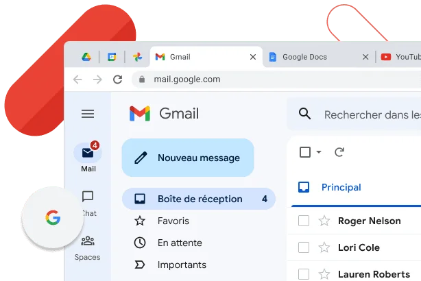 Fenêtre de Chrome affichant la boîte de réception Gmail à côté des onglets YouTube et Google Docs.
