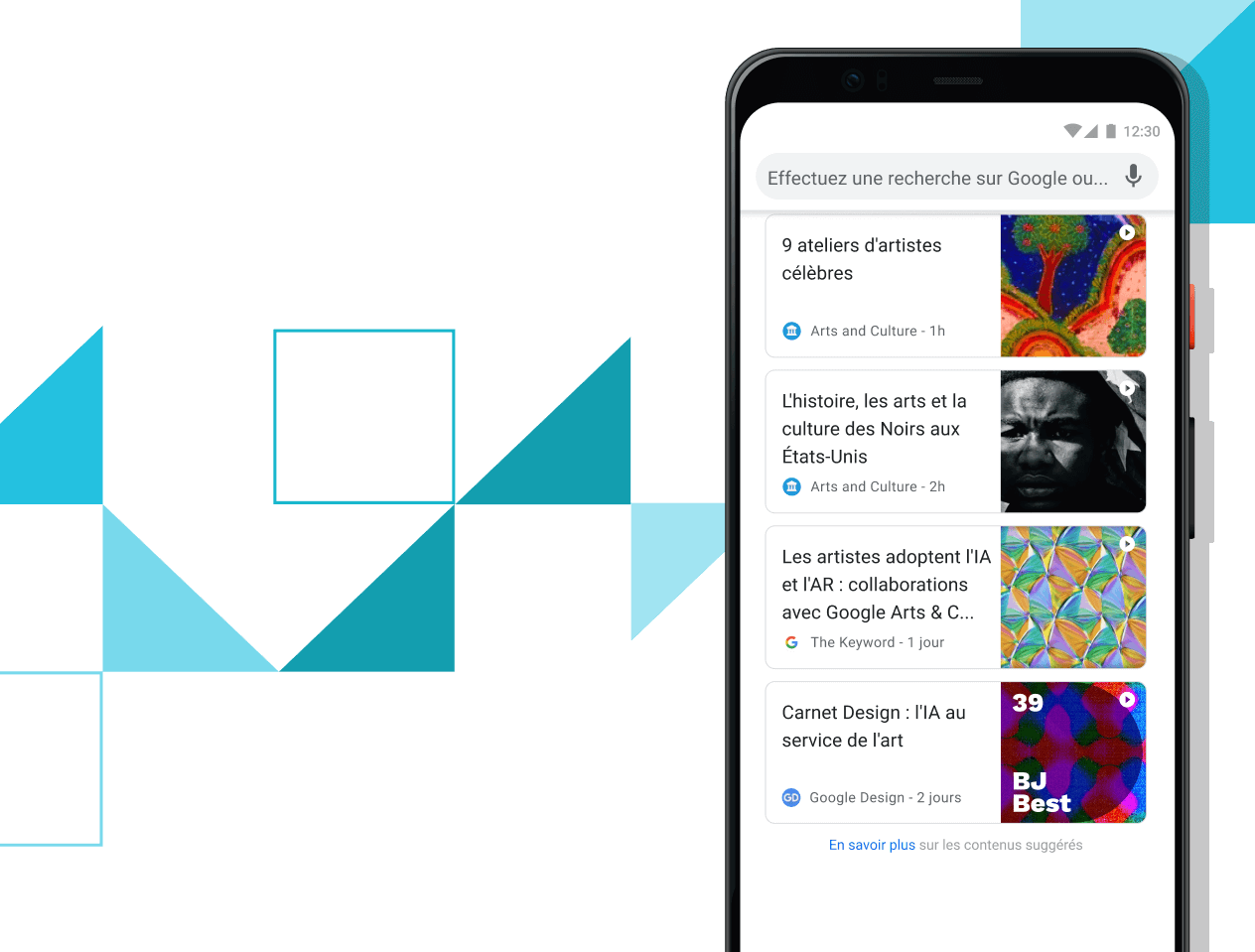 Articles pour vous Téléphone Pixel 4 XL dont l'écran affiche des liens vers des articles sélectionnés.