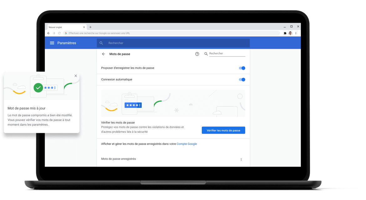 Vérification des mots de passe Pixelbook Go laptop with screen displaying Chrome password check with a passsword update dialog box.