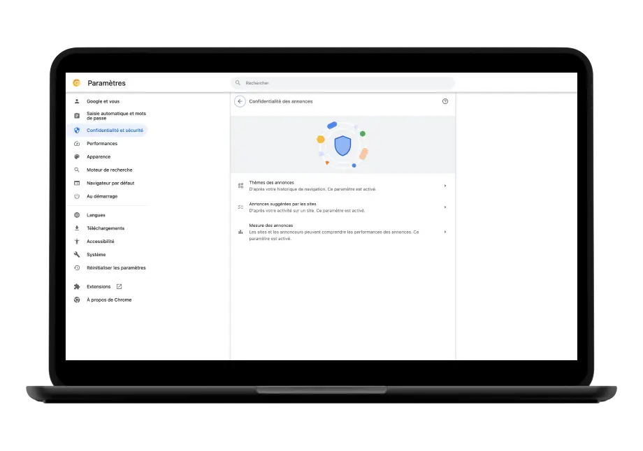 Paramètres de confidentialité Les paramètres de confidentialité de Chrome sont affichés sur un smartphone et un ordinateur portable.