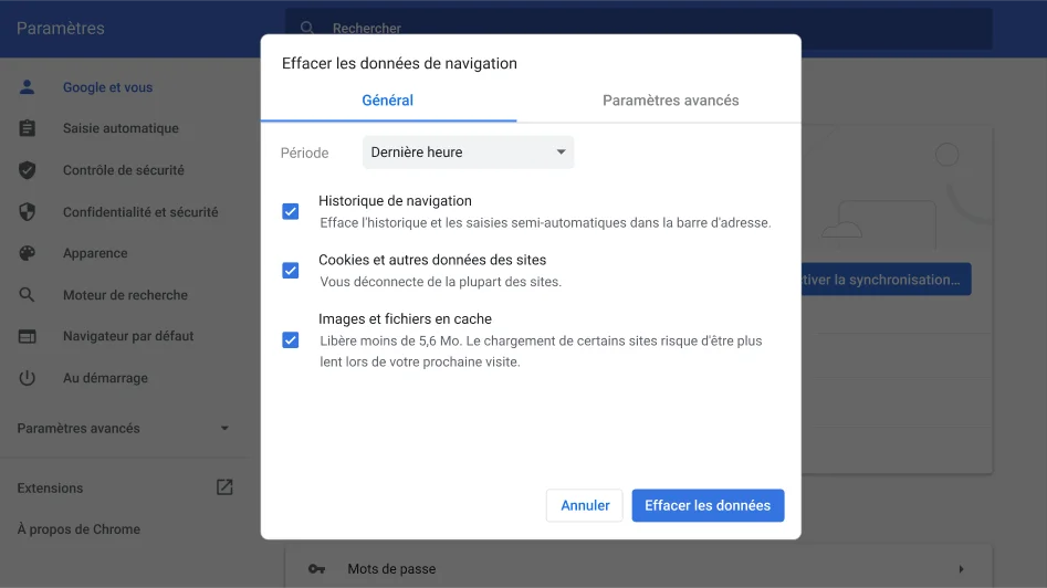 Fenêtre des paramètres du navigateur Chrome affichant le menu d'options 