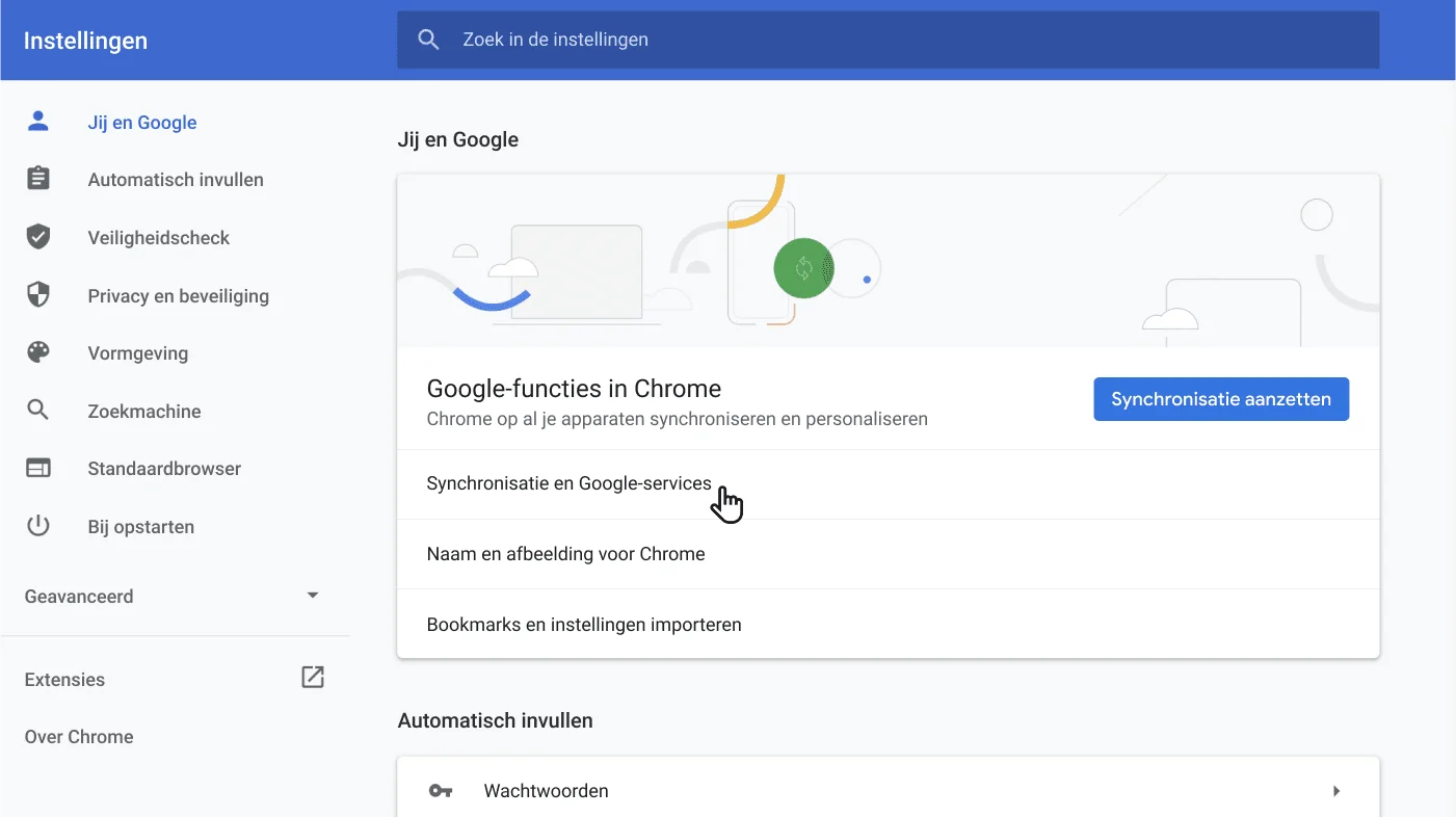 Venster met Chrome-browserinstellingen met het optiemenu Jij en Google.