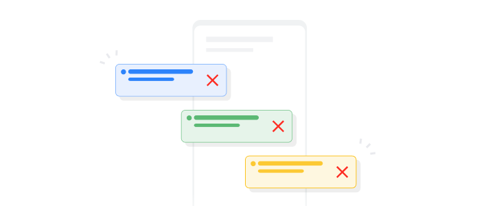 Trois annonces pop-up apparaissent sur un exemple d'interface utilisateur. Des