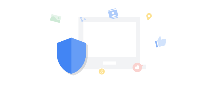 Les icônes de plusieurs sites Web et de réseaux sociaux apparaissent autour d'un navigateur. Un grand bouclier, affiché devant le navigateur, le protège contre les dispositifs de suivi.