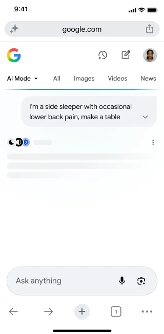 From the home screen of the Chrome mobile app, a user opens AI Mode. They tap \'Ask anything\' to open the keyboard.