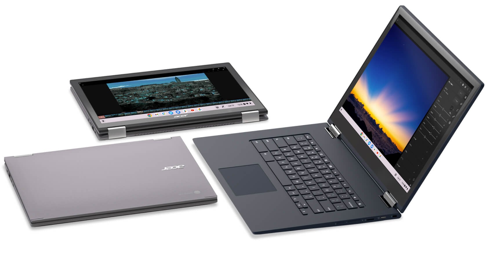 Vue en plongée illustrant les trois modes possibles d'un Chromebook convertible : fermé, tablette et ordinateur portable.