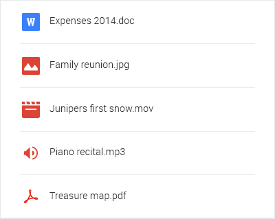 Liste des types de fichiers Google Drive, comprenant des images, des documents et des fichiers musicaux